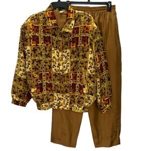 Shanghai Silk Bomber Jacket Pants Size M Chain Animal Brown Lounge Set 90s